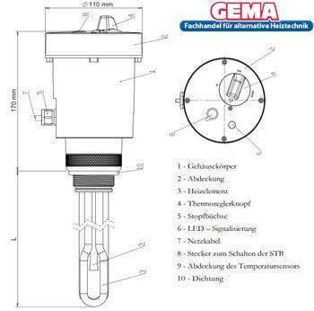 Heizstab 9 kW  mit einstellbare Heizpatrone.