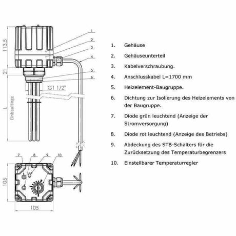 Elektroheizstab mit Regler und Thermostat 3 kW.
