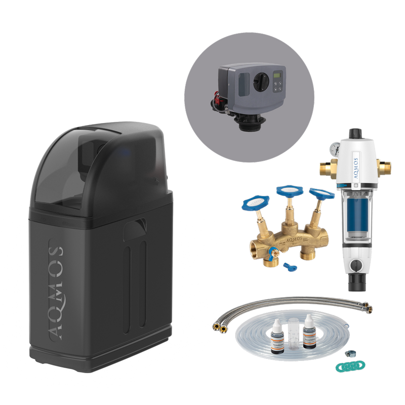 Set de dedurizare a apei Aqmos R2D2-32 BLACK EDITION cu filtru de retur, set de racordare și bloc de montaj
