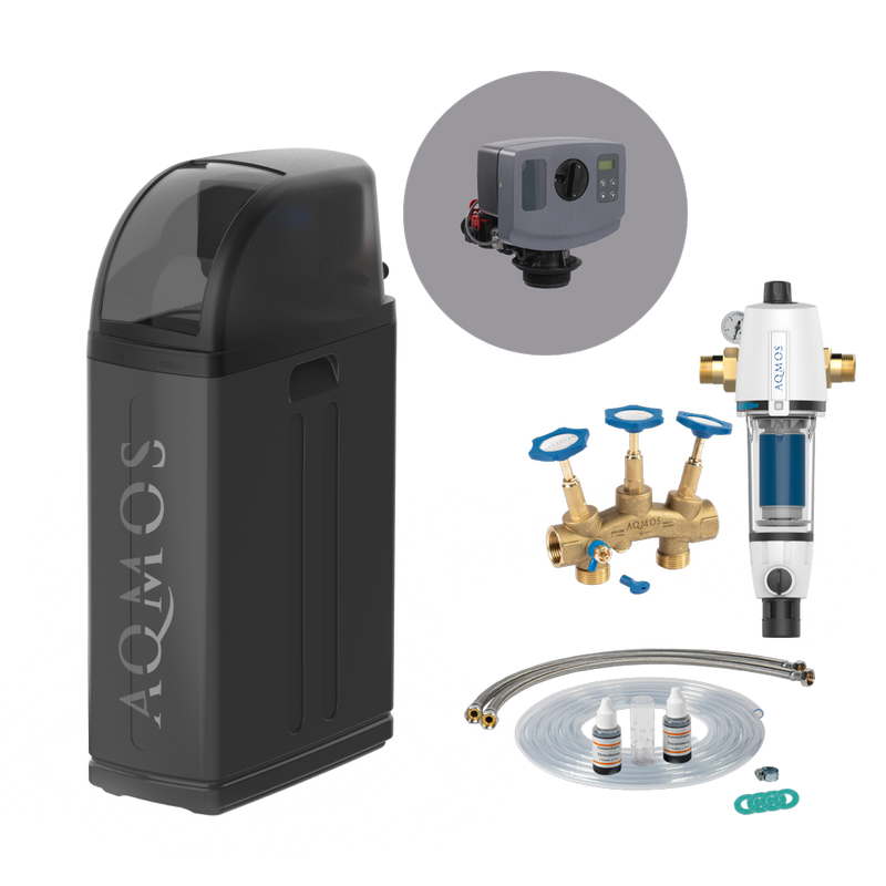 Sada vodou změkčovacího zařízení AQMOS R2D2-48 Black Edition se zpětným proplachovacím filtrem, připojovací sadou a montážním blokem
