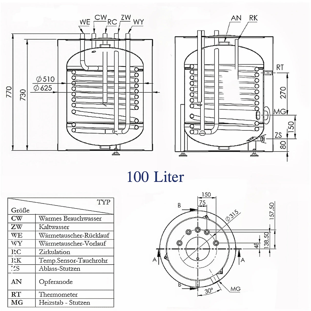 Warmwasserspeicher 100 Liter plus Heizstab TERi 1,5 kW.