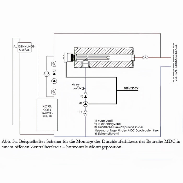 Schema für die Montage des Nachheizmoduls MDC 230 in Heizsystemen 🛠️🌡️