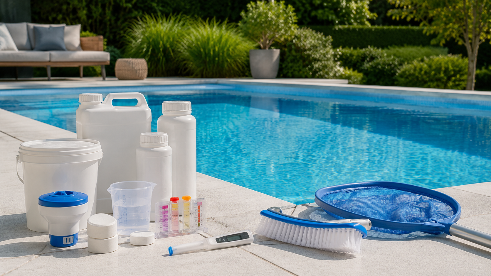 Poolpflegeprodukte am sauberen Schwimmbecken für klares Poolwasser