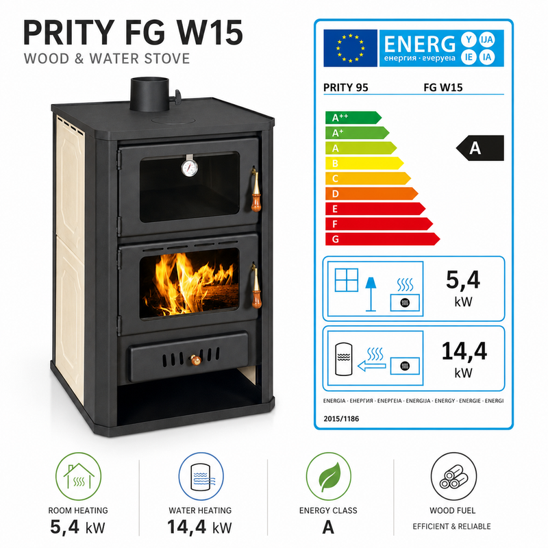 Wasserführender Kaminofen mit Backfach Prity grau - 19,8 kW