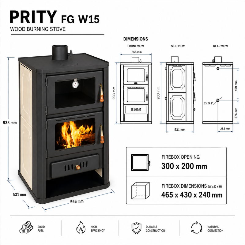 Wasserführender Kaminofen mit Backfach Prity grau - 19,8 kW