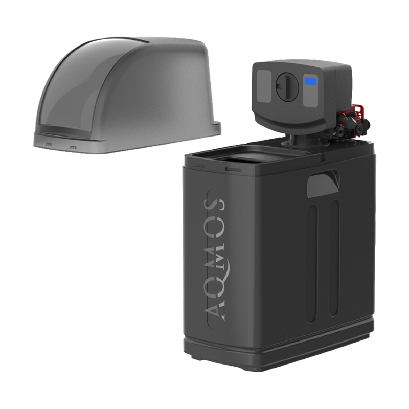 Sada vodou změkčovacího zařízení AQMOS R2D2-48 Black Edition se zpětným proplachovacím filtrem, připojovací sadou a montážním blokem