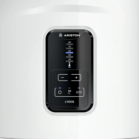 Ariston Lydos Warmwasserspeicher mit Digitalanzeige und Shower Ready Anzeige.