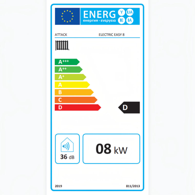 GEMA Shop Energieeffizienzlabel für den ATTACK Electric Easy 8 Elektrokessel mit Klasse D und 36 dB Lautstärke