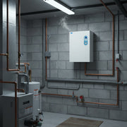 GEMA Shop ATTACK Electric Easy 8 Elektrokessel mit 7,5 kW an einer grauen Betonwand in einem Heizungskeller montiert