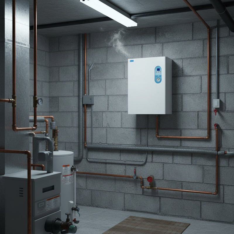 GEMA Shop ATTACK Electric Easy 8 Elektrokessel mit 7,5 kW an einer grauen Betonwand in einem Heizungskeller montiert