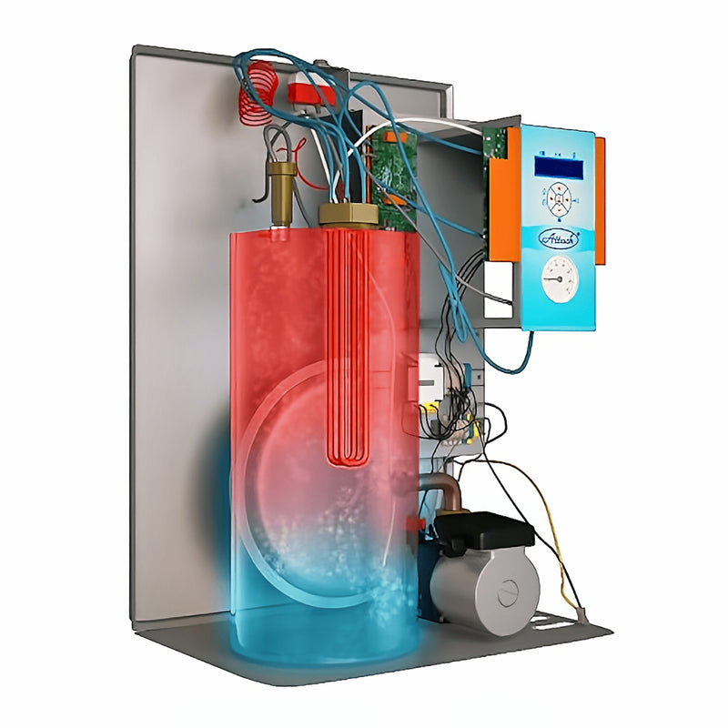 GEMA Shop ATTACK Electric Excellent 8 Elektrokessel mit offener Ansicht auf Heizstab, Pumpe und LCD-Steuerung