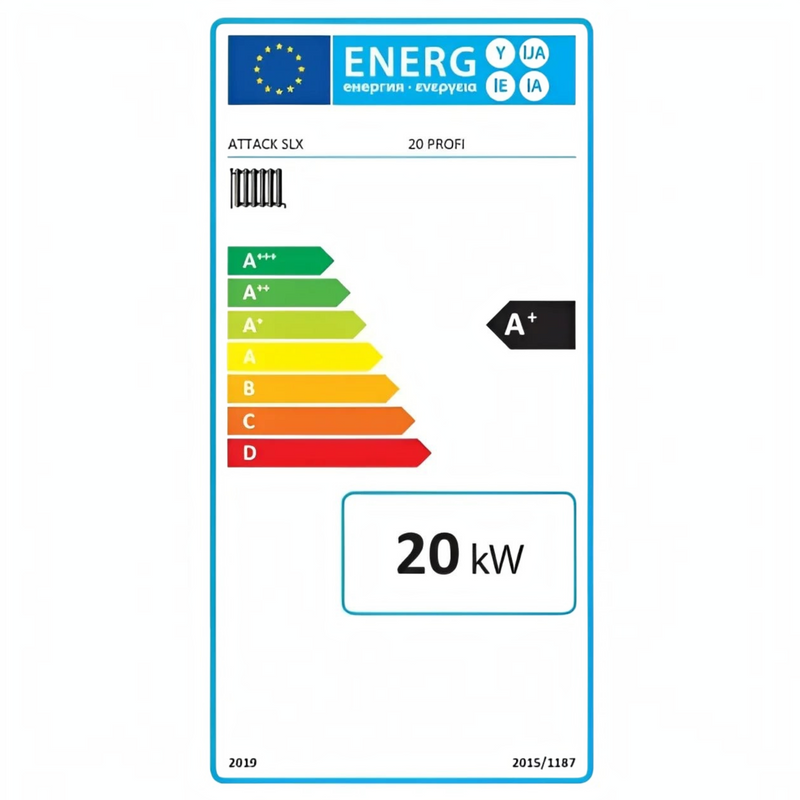 GEMA Shop Energieeffizienzlabel A+ für den ATTACK SLX 20 Profi Holzvergaser-Heizkessel mit 20 kW Leistung.