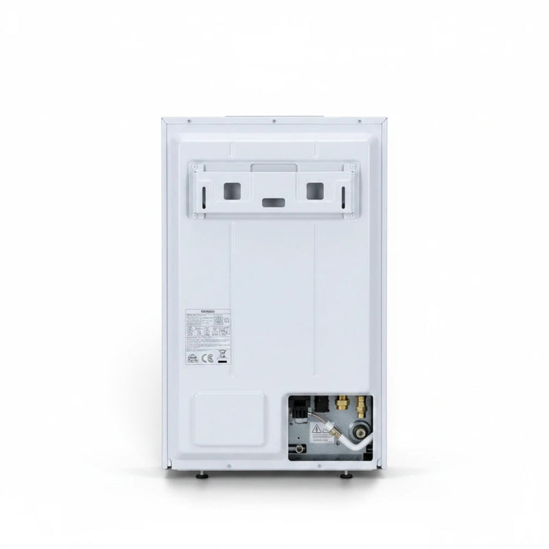 Rückseite des weißen GEMA Shop DEFRO DBE Optima 12 kW Elektrokessels mit Wandhalterung und Anschlüssen