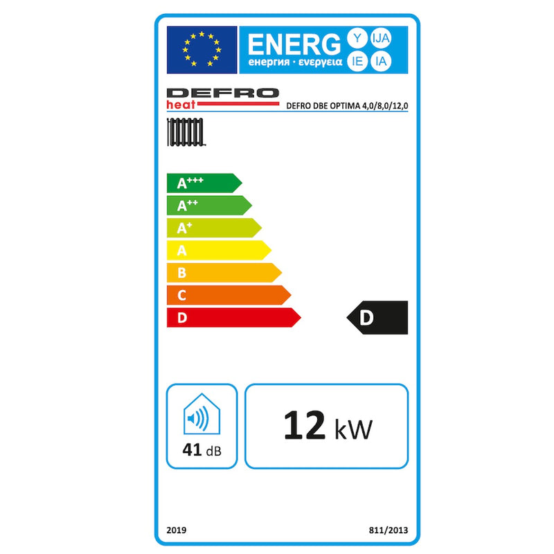 Energieeffizienzlabel D für GEMA Shop Elektrokessel DEFRO DBE Optima 12 kW mit 41 dB Geräuschpegel