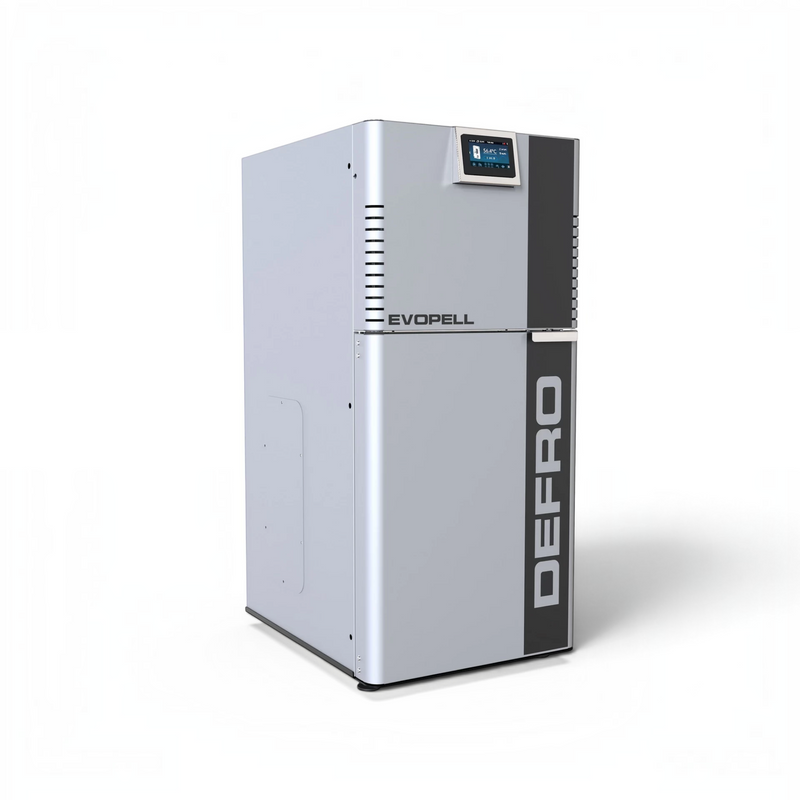 GEMA Shop Pelletkessel DEFRO Evopell 8 in Silber mit digitalem Display und moderner, kompakter Bauweise
