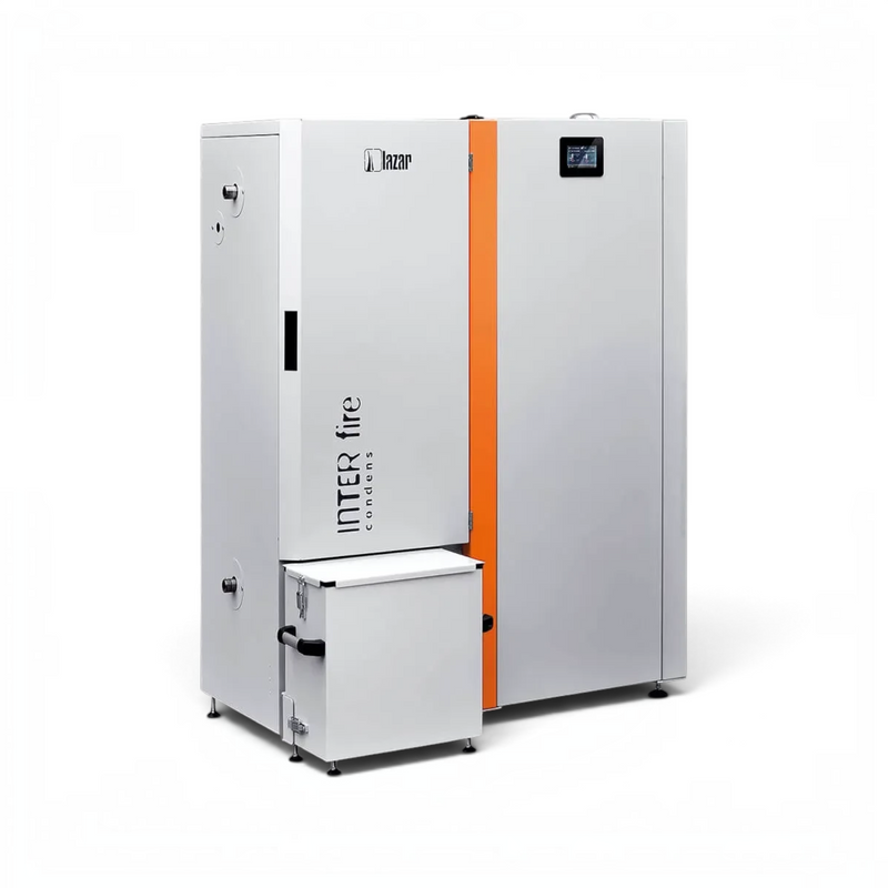 GEMA Shop HKS Lazar InterFire 11 Standard Pelletkessel in Weiß und Orange mit digitalem Display vor weißem Hintergrund