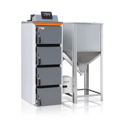 GEMA Shop HKS Lazar PelletFocus 20 Pelletkessel mit Vorratsbehälter und digitalem Display in Grau