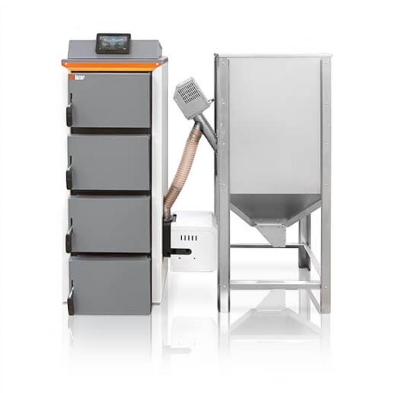 GEMA Shop HKS Lazar PelletFocus 20 Pelletkessel mit 20 kW Leistung, grauem Gehäuse und externem Pelletbehälter.