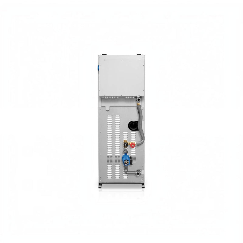 Rückansicht des GEMA Shop HKS Lazar SmartFire 11/130 Pelletkessels mit Anschlüssen und Metallgehäuse