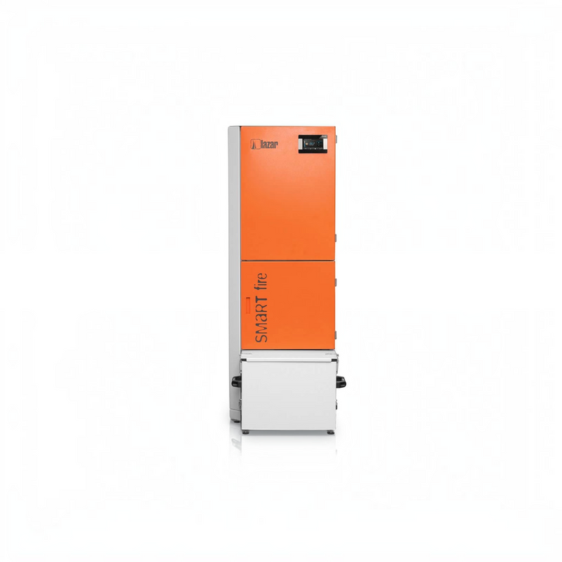 GEMA Shop HKS Lazar SmartFire 11/130 Automatic Pelletkessel in Orange und Weiß mit digitalem Display.