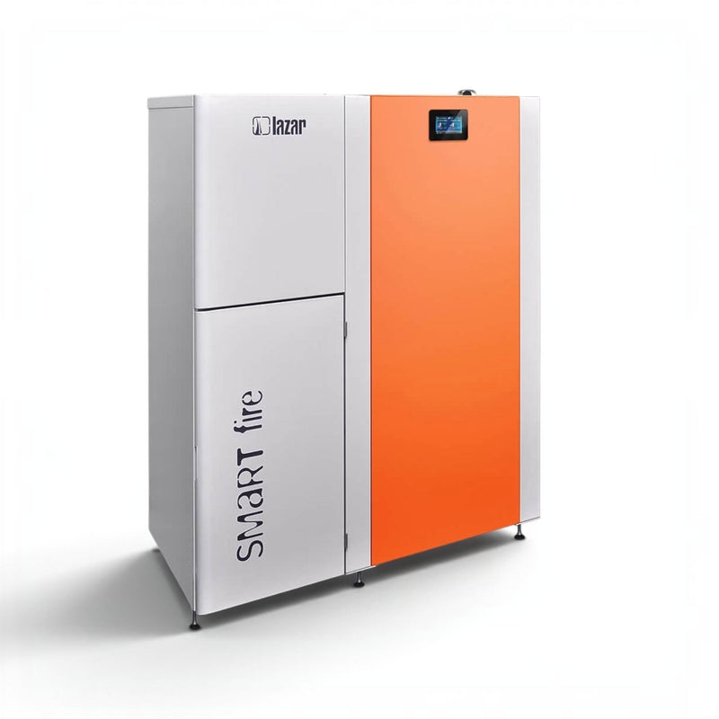 HKS Lazar SmartFire SF15 Automatic Pelletkessel in Weiß und Orange vom GEMA Shop mit digitalem Display