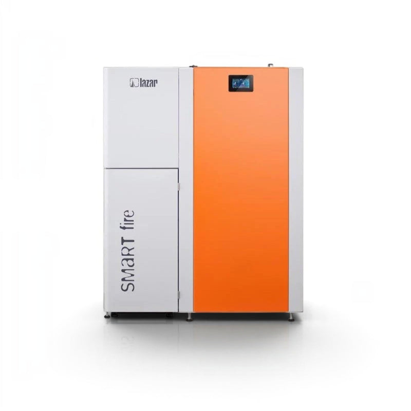 GEMA Shop HKS Lazar SmartFire SF11 Pelletkessel mit 11 kW, weiß-orangem Gehäuse und Touch-Bedienfeld