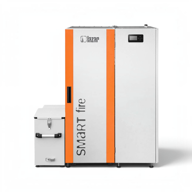 GEMA Shop HKS Lazar SmartFire Compact 15 Automatic Pelletkessel in Grau und Orange mit digitalem Display