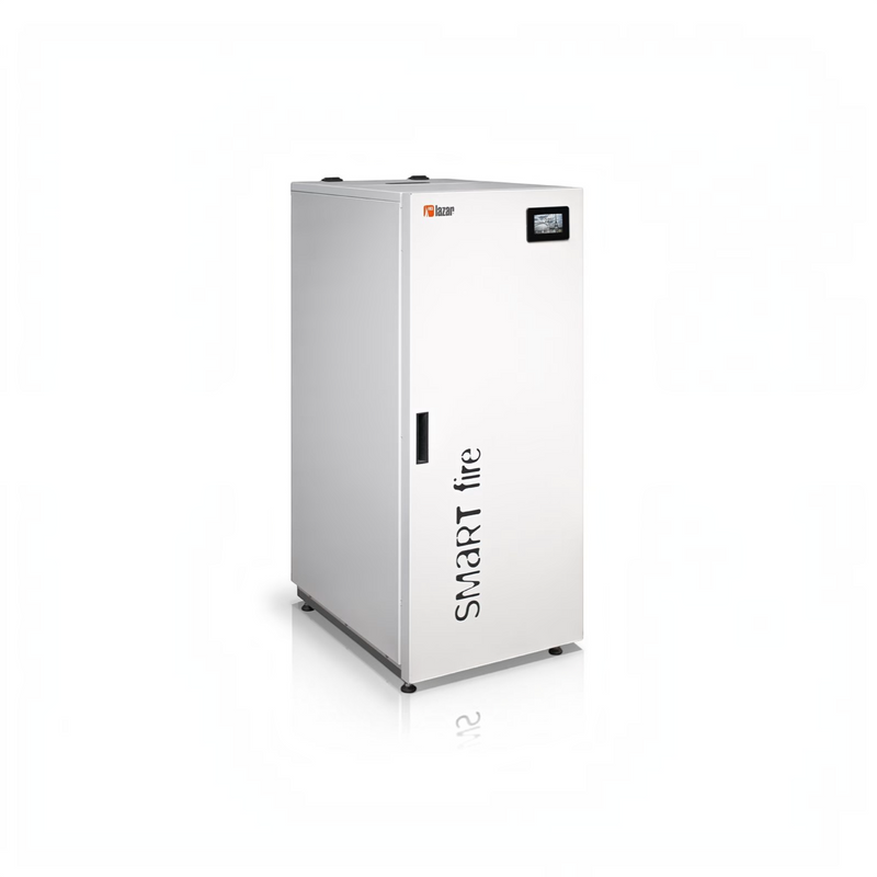 GEMA Shop HKS Lazar SmartFire 11 kW Pelletkessel in Weiß mit digitalem Display und automatischer Ascheaustragung