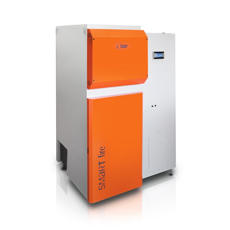 GEMA Shop HKS Lazar SmartFire 81 Automatic Pelletkessel in Grau und Orange mit 81 kW Leistung