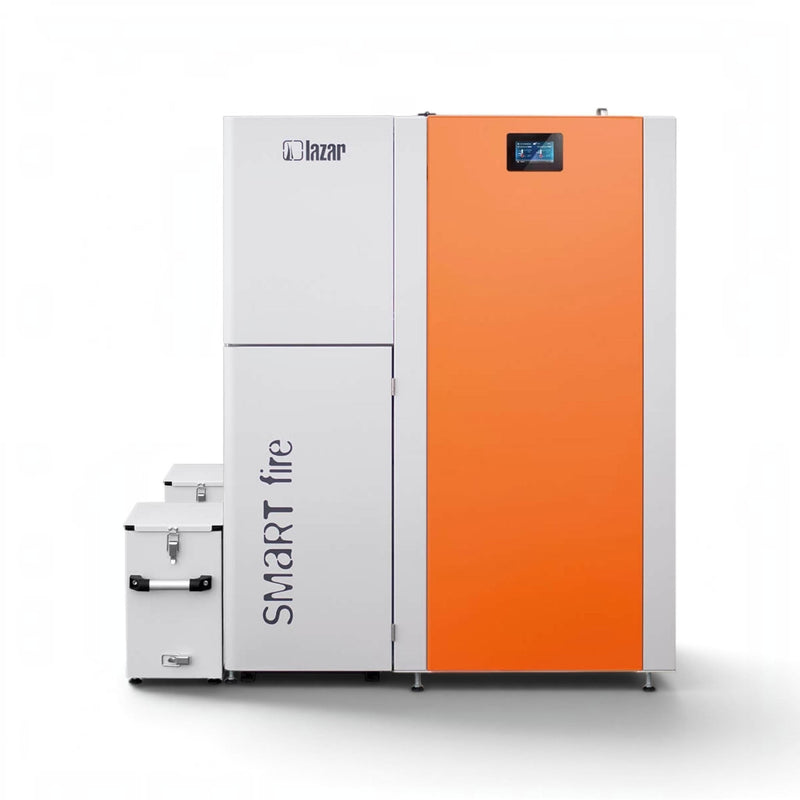 GEMA Shop HKS Lazar SmartFire SF15 Pelletkessel in Weiß und Orange mit digitalem Display und automatischer Steuerung