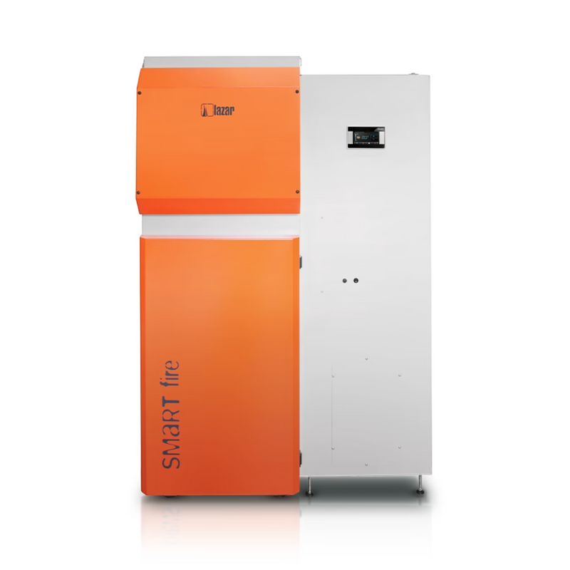 GEMA Shop HKS Lazar SmartFire 81 Automatic Pelletkessel in Orange und Weiß mit digitalem Display