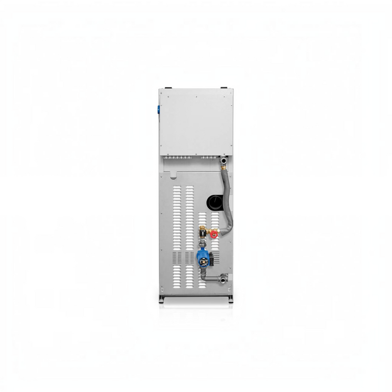 GEMA Shop HKS Lazar SmartFire 11/130 Pelletkessel in grauer Metallausführung mit Anschlüssen, Rückansicht