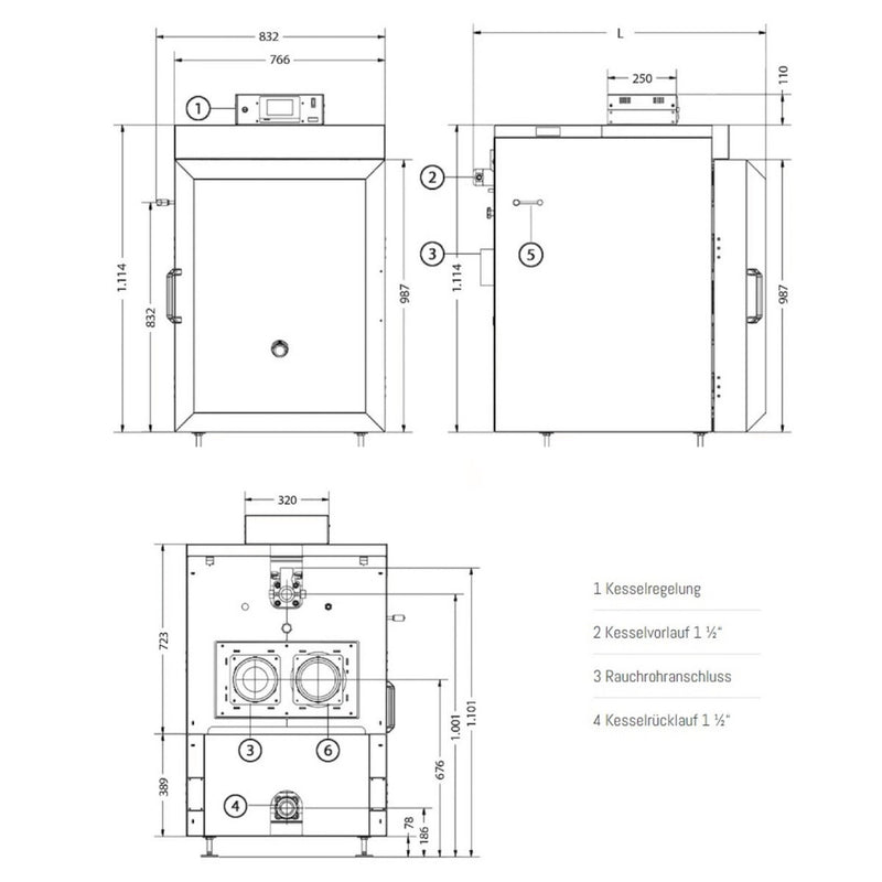 GEMA Shop technische Zeichnung des Holzvergaserkessels IBC GK-7K öko 36 mit Maßangaben für Installation und Anschluss