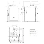 Technische Zeichnung des GEMA Shop Holzvergaserkessels IBC GK-7K öko 25 mit Maßangaben für Installation und Anschlüsse