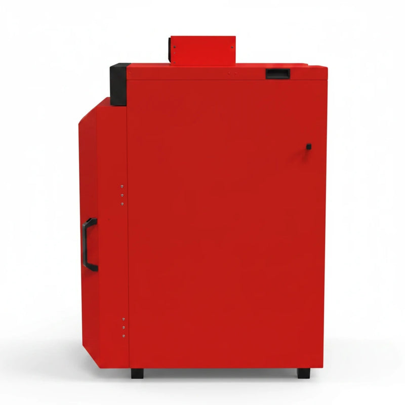 GEMA Shop Holzvergaserkessel IBC GK-7K öko 36 in leuchtendem Rot, Seitenansicht des robusten Heizkessels
