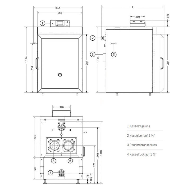 GEMA Shop technische Zeichnung des Holzvergaserkessels IBC GK-7K öko 30 mit Maßangaben für die Installation