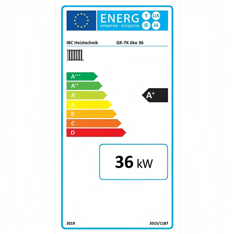 GEMA Shop Energieeffizienzlabel A+ für den IBC GK-7K öko 36 Holzvergaserkessel mit 36 kW Leistung