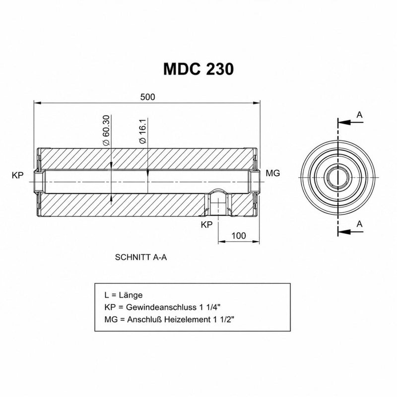Technische Zeichnung des GEMA Shop MDC 230 Heizmodul-Grundkörpers mit Maßangaben und Anschlussdetails