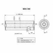 Technische Zeichnung des GEMA Shop MDC 400 Heizmodul-Grundkörpers mit Maßangaben für Anschlüsse und Gehäuselänge.