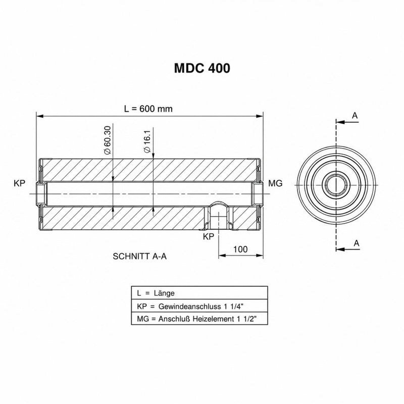 Technische Zeichnung des GEMA Shop MDC 400 Heizmodul-Grundkörpers mit Maßangaben für Anschlüsse und Gehäuselänge.