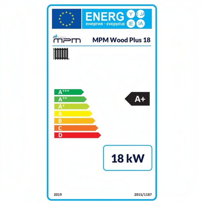 GEMA Shop Energieeffizienzlabel A+ für den MPM Wood Plus 18 Holzvergaserkessel mit 18 kW Leistung