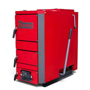 GEMA Shop MPM Wood Plus 6 kW Holzvergaserkessel in Rot mit robuster Stahlkonstruktion und seitlichem Bedienhebel