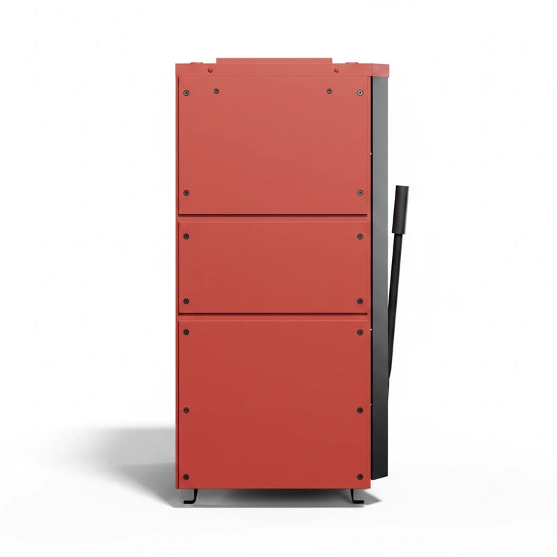 GEMA Shop MPM Wood Plus 6 kW Holzvergaserkessel in Rot mit robuster Stahlkonstruktion und seitlichem Bedienhebel