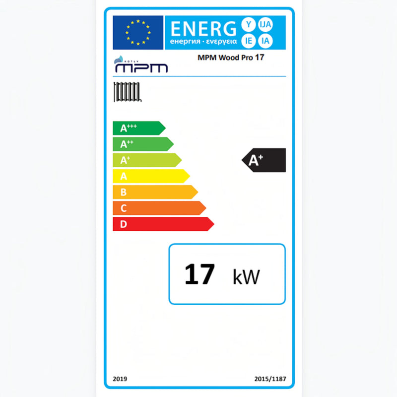 GEMA Shop EU-Energieeffizienzlabel für den MPM Wood Pro 17 Holzvergaserkessel mit Energieeffizienzklasse A+ und 17 kW.