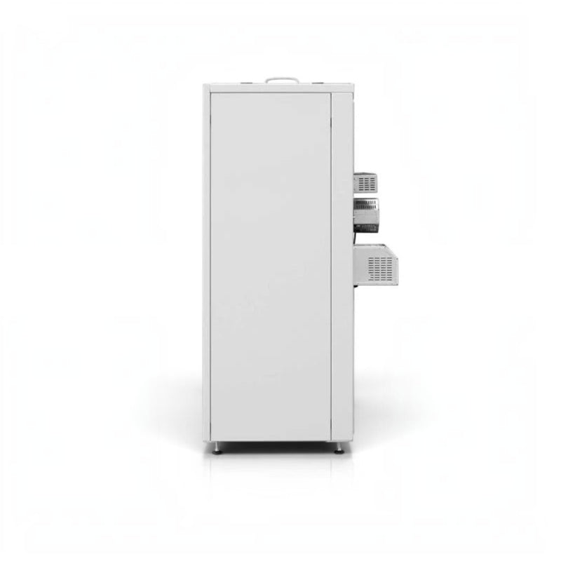 GEMA Shop HKS Lazar SmartFire SF11 Pelletkessel in weiss, Seitenansicht des Heizkessels mit technischer Ausstattung