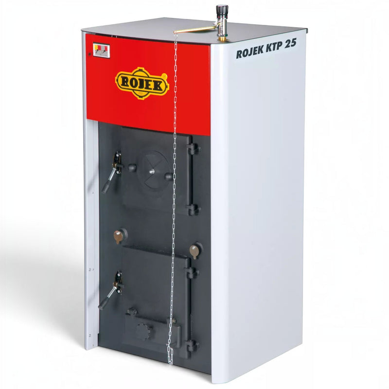 GEMA Shop ROJEK KTP 25 Naturzugkessel aus Stahl mit 25 kW Leistung für Scheitholz in Rot und Grau
