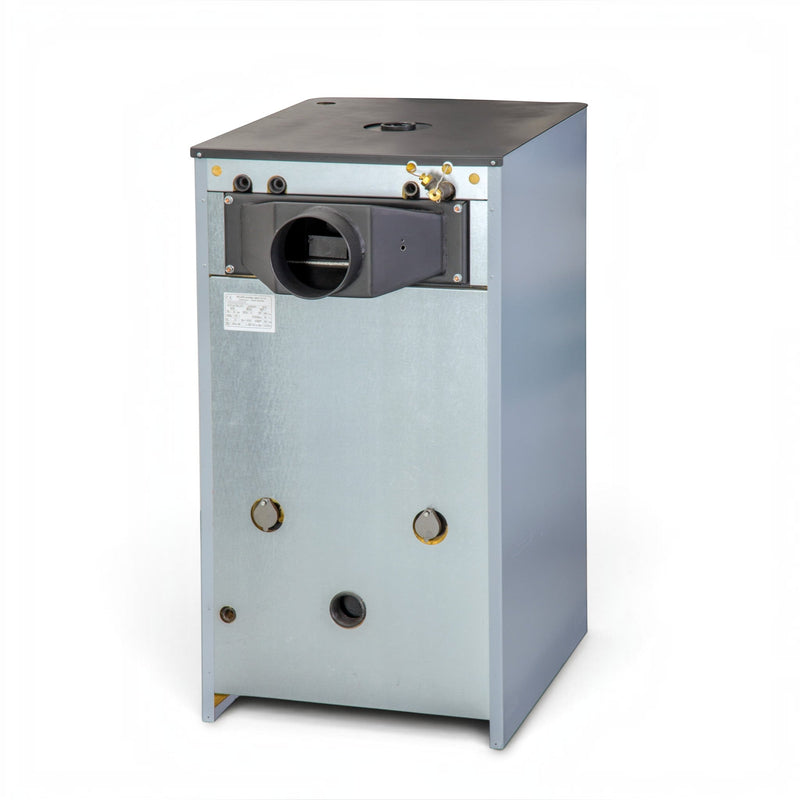 GEMA Shop Festbrennstoffkessel ROJEK KTP 40 mit 40 kW Leistung, Rückansicht mit Rauchrohranschluss und Anschlüssen