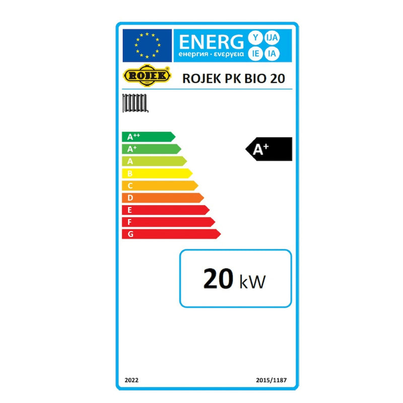 GEMA Shop Energieeffizienzlabel für ROJEK PK BIO 20 Holzvergaserkessel mit 20 kW Leistung und Klasse A+ Einstufung