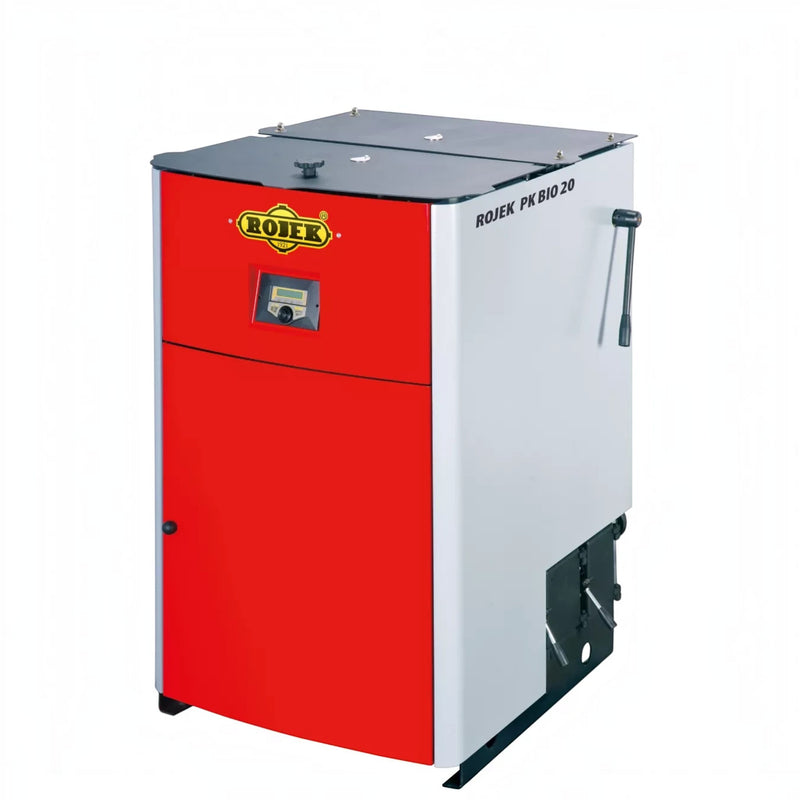 ROJEK PK BIO 20 Holzvergaserkessel von GEMA Shop mit roter Front, elektronischer Steuerung und Reinigungshebel