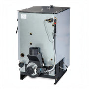 GEMA Shop Holzvergaserkessel ROJEK PK BIO 30 mit 30 kW, Rückansicht inklusive Rauchgasventilator und Anschlüssen